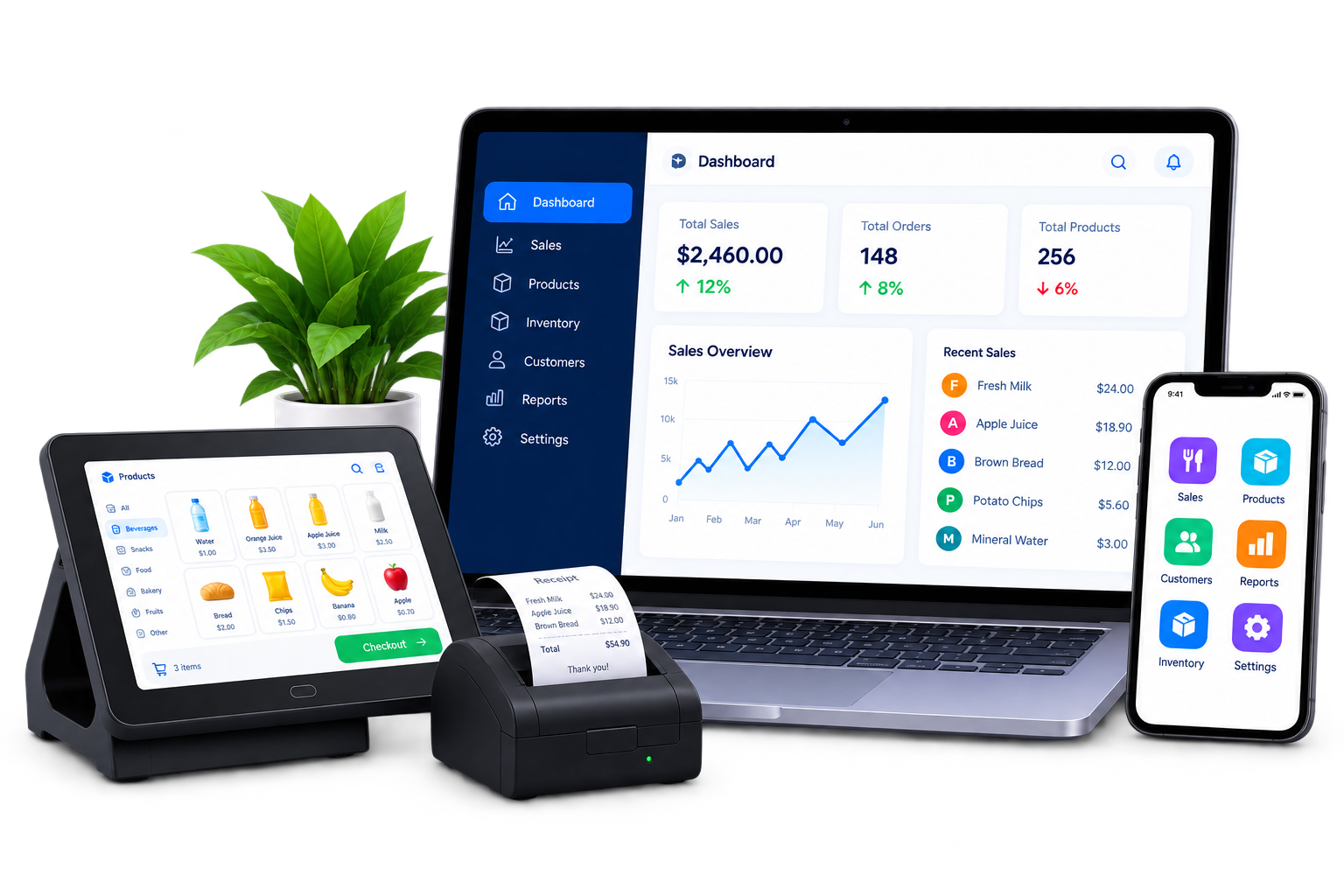 One login for your entire business: manage sales, inventory, customers, invoicing and reports across your laptop, phone and point of sale.